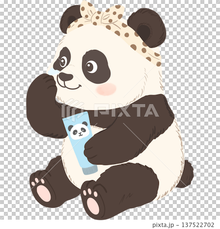 Cute baby panda sitting and applying eye cream while holding a small skincare tube with a panda label. Cute baby panda sitting and applying eye cream while holding a small skincare tube with a panda label. 137522702