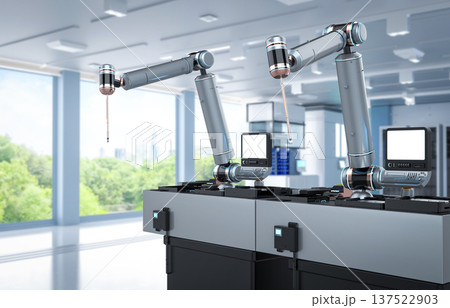 Automation industry with 3d rendering robot assembly line in  factory 137522903