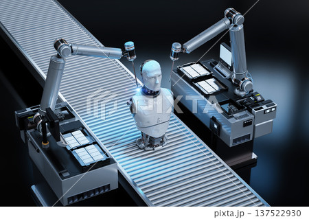 Robot assembly line producing cyborg in factory 137522930