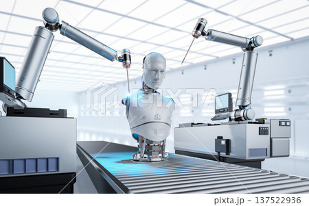 Robot assembly line producing cyborg in factory Robot assembly line producing cyborg in factory 137522936