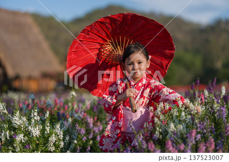 preschool child girl in yukata (kimono dress) holding umbrella with angelonia flower blooming in garden preschool child girl in yukata (kimono dress) holding umbrella with angelonia flower blooming in garden 137523007
