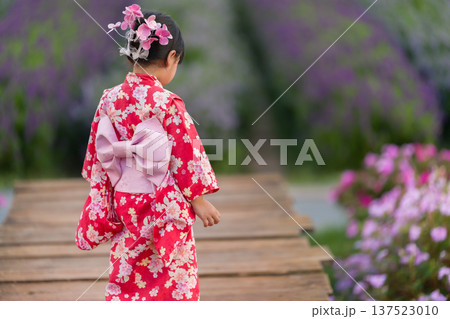 preschool child girl in yukata (kimono dress) with flower blooming in garden preschool child girl in yukata (kimono dress) with flower blooming in garden 137523010