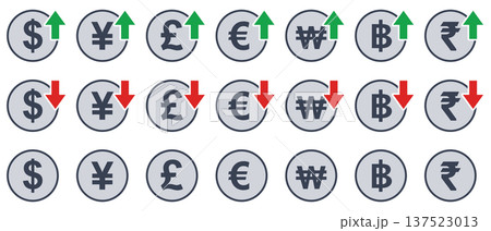 外枠付き主要通貨アイコンセット(為替変動・上昇・下落) 外枠付き主要通貨アイコンセット(為替変動・上昇・下落) 137523013