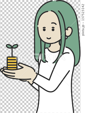插圖描繪了一位女性手持一枚發芽的硬幣,象徵著資產管理。 插圖描繪了一位女性手持一枚發芽的硬幣,象徵著資產管理。 137523142