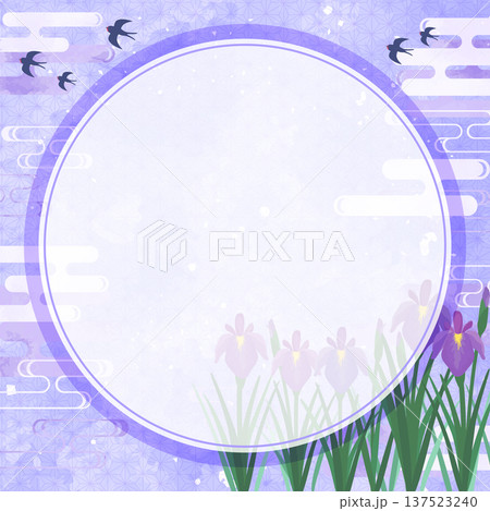 菖蒲の紫色の水彩風和柄丸フレーム_正方形 菖蒲の紫色の水彩風和柄丸フレーム_正方形 137523240