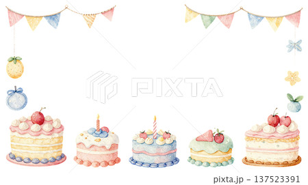 誕生日ケーキとデコレーションのかわいい水彩イラストフレーム 誕生日ケーキとデコレーションのかわいい水彩イラストフレーム 137523391