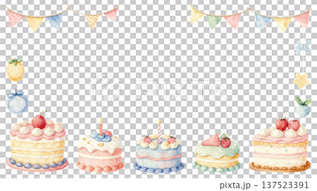 誕生日ケーキとデコレーションのかわいい水彩イラストフレーム 誕生日ケーキとデコレーションのかわいい水彩イラストフレーム 137523391
