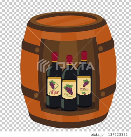 ワイン樽のインテリアにワインボトルを並べたイラスト ワイン樽のインテリアにワインボトルを並べたイラスト 137523551