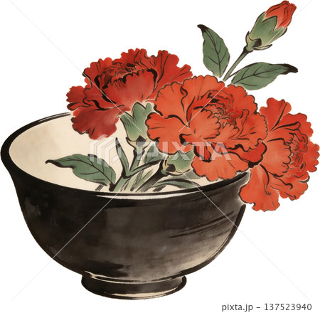 【母の日】日本画・ボタニカルアート風のカーネーションのイラスト（花瓶・和風） 137523940