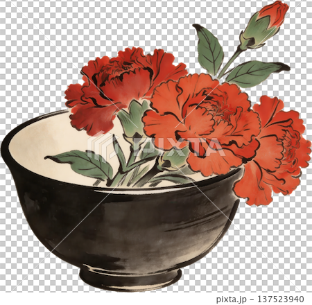 【母の日】日本画・ボタニカルアート風のカーネーションのイラスト（花瓶・和風） 137523940