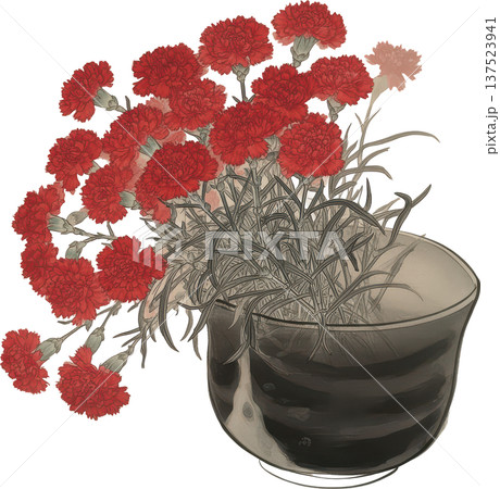 【母の日】日本画・ボタニカルアート風のカーネーションのイラスト（花瓶・和風） 137523941