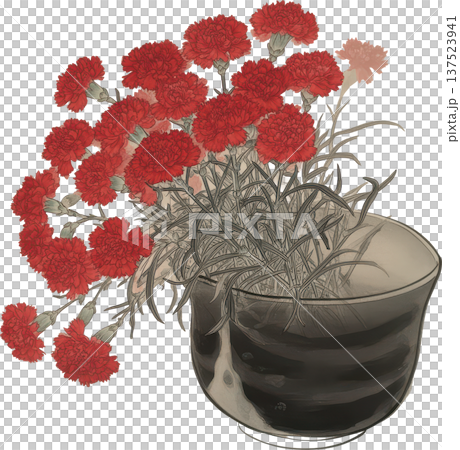 【母の日】日本画・ボタニカルアート風のカーネーションのイラスト（花瓶・和風） 137523941