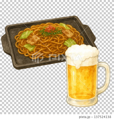 炒麵和啤酒水彩插畫。美食攤位和生啤酒素材。 137524138