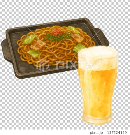 炒麵和啤酒水彩插畫。美食攤位和生啤酒素材。 137524139