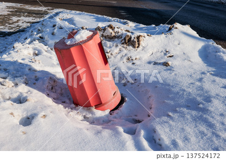 Damaged Fire Hydrant Caused By Snow Plowing During Winter Conditions Damaged Fire Hydrant Caused By Snow Plowing During Winter Conditions 137524172
