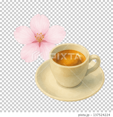 水彩插畫，描繪了咖啡杯和櫻花，展現了春日咖啡館的氛圍。 137524224