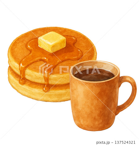 パンケーキとコーヒーの水彩イラスト カフェ朝食スイーツ素材 137524321