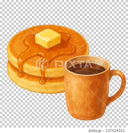 パンケーキとコーヒーの水彩イラスト カフェ朝食スイーツ素材 137524321