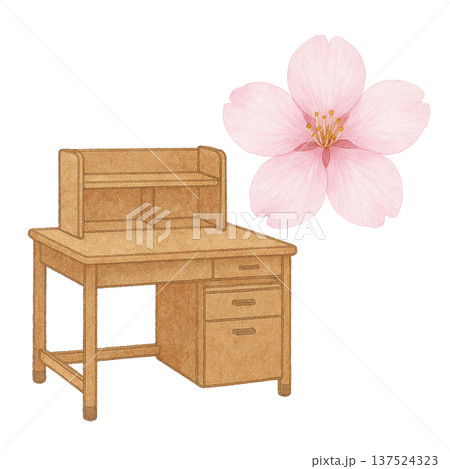 木製学習机と桜の水彩イラスト  137524323