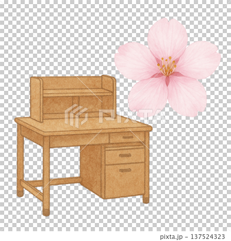 木製学習机と桜の水彩イラスト  137524323