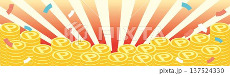 降り注ぐ金貨と紙吹雪のんフレーム、バナー、背景イラスト素材。コイン、貯金、利益、ポイントのイメージ 137524330