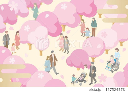 満開の桜並木を楽しむ多様な人々のイラスト。お花見、春の行楽、公園、アイソメトリック 満開の桜並木を楽しむ多様な人々のイラスト。お花見、春の行楽、公園、アイソメトリック 137524578