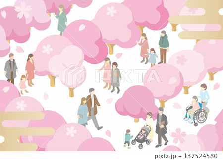 満開の桜並木を楽しむ多様な人々のイラスト。お花見、春の行楽、公園、アイソメトリック 満開の桜並木を楽しむ多様な人々のイラスト。お花見、春の行楽、公園、アイソメトリック 137524580