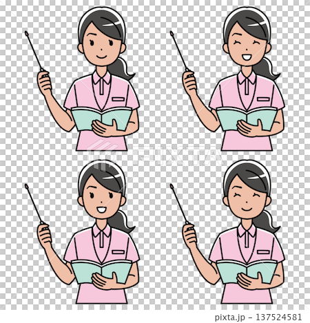 A color illustration of a foreign woman in a polo shirt explaining something with a pointer. 137524581