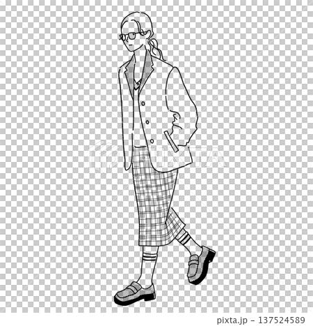 トラッドスタイルの女性 モノクロ線画ファッションイラスト トラッドスタイルの女性 モノクロ線画ファッションイラスト 137524589