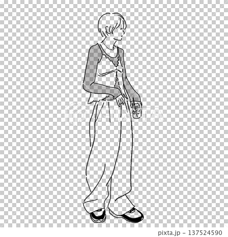 ドリンクを持つ女性 カジュアルファッションのモノクロ線画イラスト ドリンクを持つ女性 カジュアルファッションのモノクロ線画イラスト 137524590