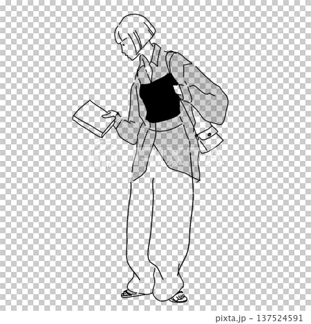 A woman holding a book choosing a book in a bookstore. Monochrome line drawing fashion illustration A woman holding a book choosing a book in a bookstore. Monochrome line drawing fashion illustration 137524591