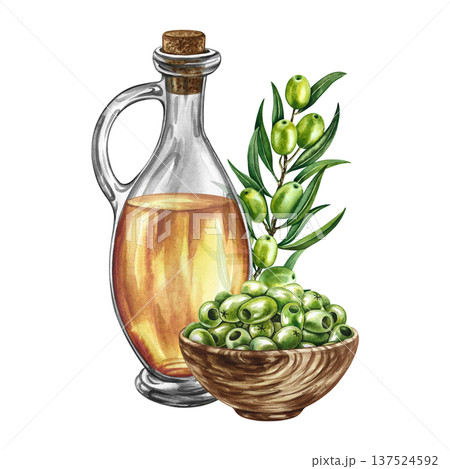 A glass bottle of oil, olives in a wooden cup, and an olive branch. A hand-drawn watercolor illustration. A design element for menus, recipes, and cookbooks. For banners, packaging, labels, and more. 137524592