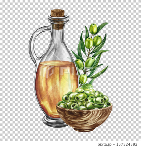 A glass bottle of oil, olives in a wooden cup, and an olive branch. A hand-drawn watercolor illustration. A design element for menus, recipes, and cookbooks. For banners, packaging, labels, and more. 137524592