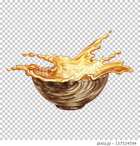 Splashes of yellow liquid, oil, juice, tea, etc. in a wooden bowl. Hand-drawn watercolor illustration. Perfect for creating labels, advertisements, packaging, banners, posters, and more. Splashes of yellow liquid, oil, juice, tea, etc. in a wooden bowl. Hand-drawn watercolor illustration. Perfect for creating labels, advertisements, packaging, banners, posters, and more. 137524594