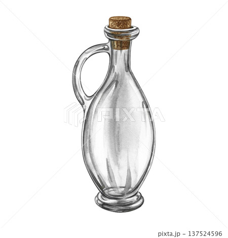 An empty glass transparent oil bottle with a cork. Hand-drawn watercolor illustration. Design element for menus, recipes, and cookbooks. For banners, flyers, packaging, labels, and more. An empty glass transparent oil bottle with a cork. Hand-drawn watercolor illustration. Design element for menus, recipes, and cookbooks. For banners, flyers, packaging, labels, and more. 137524596