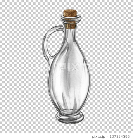 An empty glass transparent oil bottle with a cork. Hand-drawn watercolor illustration. Design element for menus, recipes, and cookbooks. For banners, flyers, packaging, labels, and more. An empty glass transparent oil bottle with a cork. Hand-drawn watercolor illustration. Design element for menus, recipes, and cookbooks. For banners, flyers, packaging, labels, and more. 137524596