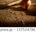 Sliced Artisan Bread Crumbs on Wooden Cutting Board with Plates Background 137524786