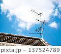 Old TV Antenna on Roof with Blue Sky and White Clouds Background 137524789