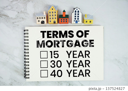 Terms Of Mortgage 15 Year, 30 Year, 40 Year text written on notepad with house model on marble background 137524827