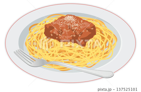 お皿に盛り付けられたミートソーススパゲティのイメージイラスト 137525101