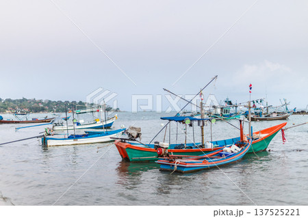Traditional fishing boats anchored near tropical coastline in Thailand 137525221