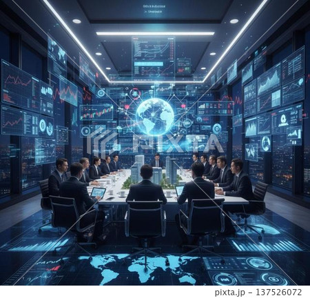 都心の高層オフィスでの夜間会議 137526072