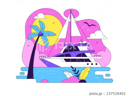 Luxury Yacht Tropical Sunset Seascape Vector Illustration With Ocean Waves, Palm Trees, Summer Vacation Beach Scene, Colorful Marine Travel Design Luxury Yacht Tropical Sunset Seascape Vector Illustration With Ocean Waves, Palm Trees, Summer Vacation Beach Scene, Colorful Marine Travel Design 137526401
