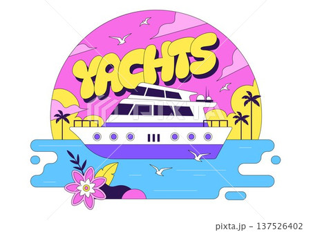 Luxury Yacht Tropical Sunset Seascape Vector Illustration With Ocean Waves, Palm Trees, Summer Vacation Beach Scene, Colorful Marine Travel Design 137526402