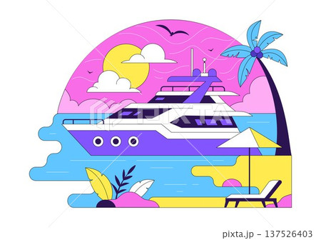 Luxury Yacht Tropical Sunset Seascape Vector Illustration With Ocean Waves, Palm Trees, Summer Vacation Beach Scene, Colorful Marine Travel Design 137526403