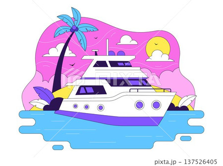 Luxury Yacht Tropical Sunset Seascape Vector Illustration With Ocean Waves, Palm Trees, Summer Vacation Beach Scene, Colorful Marine Travel Design 137526405