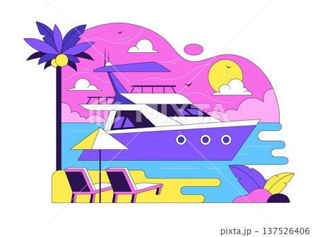 Luxury Yacht Tropical Sunset Seascape Vector Illustration With Ocean Waves, Palm Trees, Summer Vacation Beach Scene, Colorful Marine Travel Design 137526406