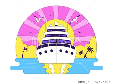 Luxury Yacht Tropical Sunset Seascape Vector Illustration With Ocean Waves, Palm Trees, Summer Vacation Beach Scene, Colorful Marine Travel Design 137526407