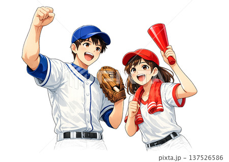 野球の応援をする男女 137526586