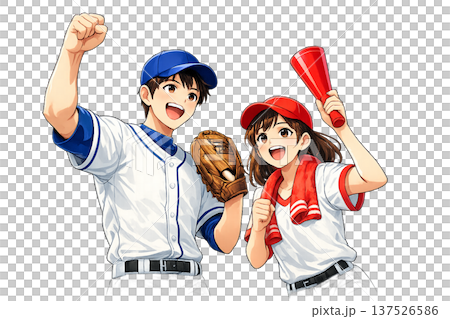 野球の応援をする男女 137526586